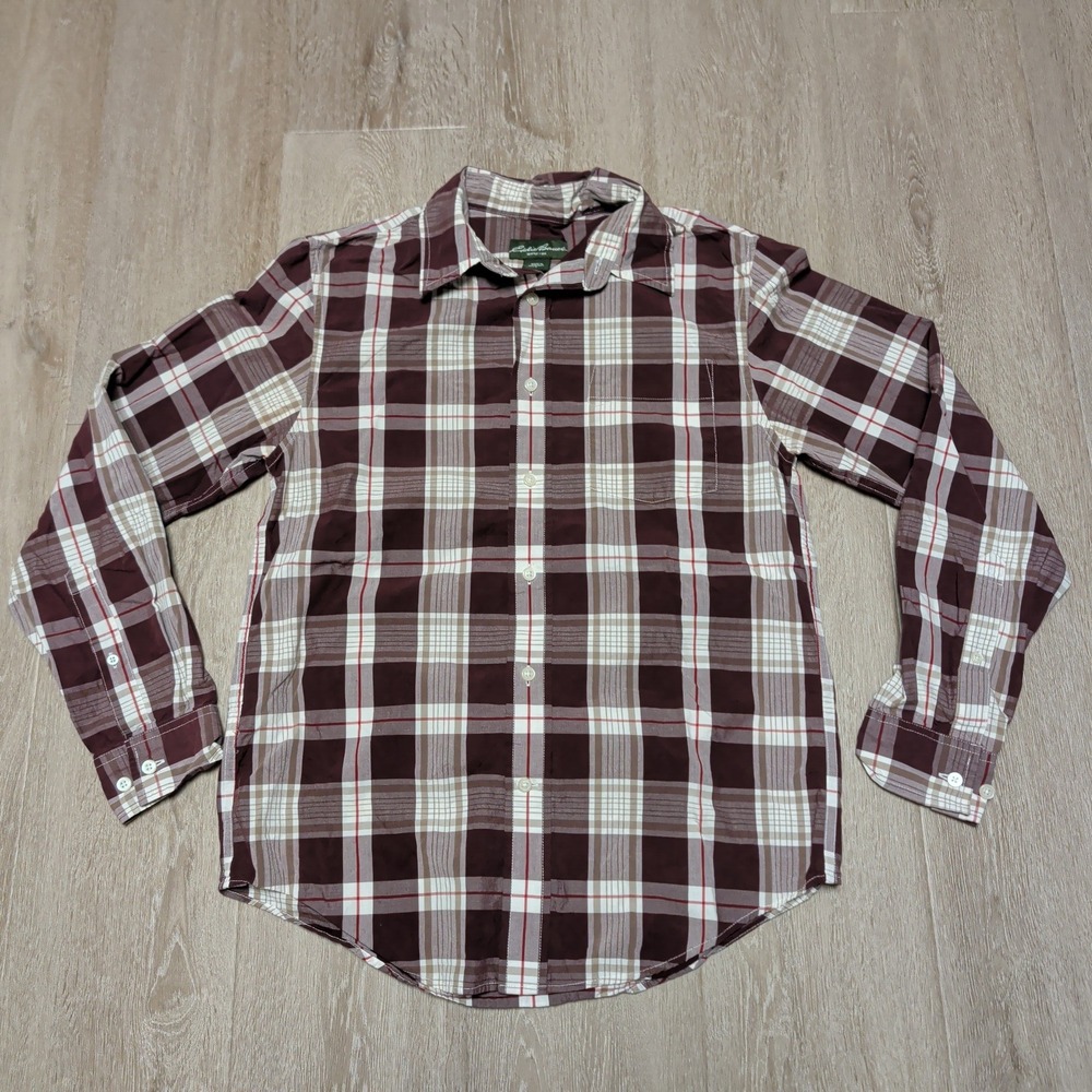 Eddie Bauer Mens Small Burgundy Plaid Long Sleeve Button Down Cotton Shirt 2786‎